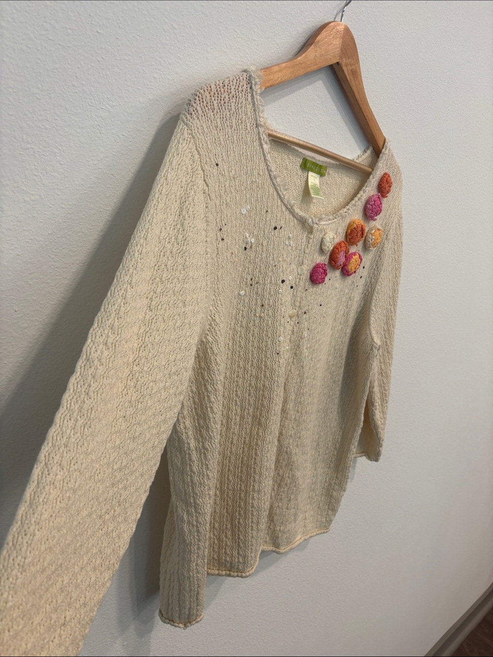 Sigrid Olsen Cream Knit Button-Up Sweater Floral Coastal Grandma - Picture 2 of 8